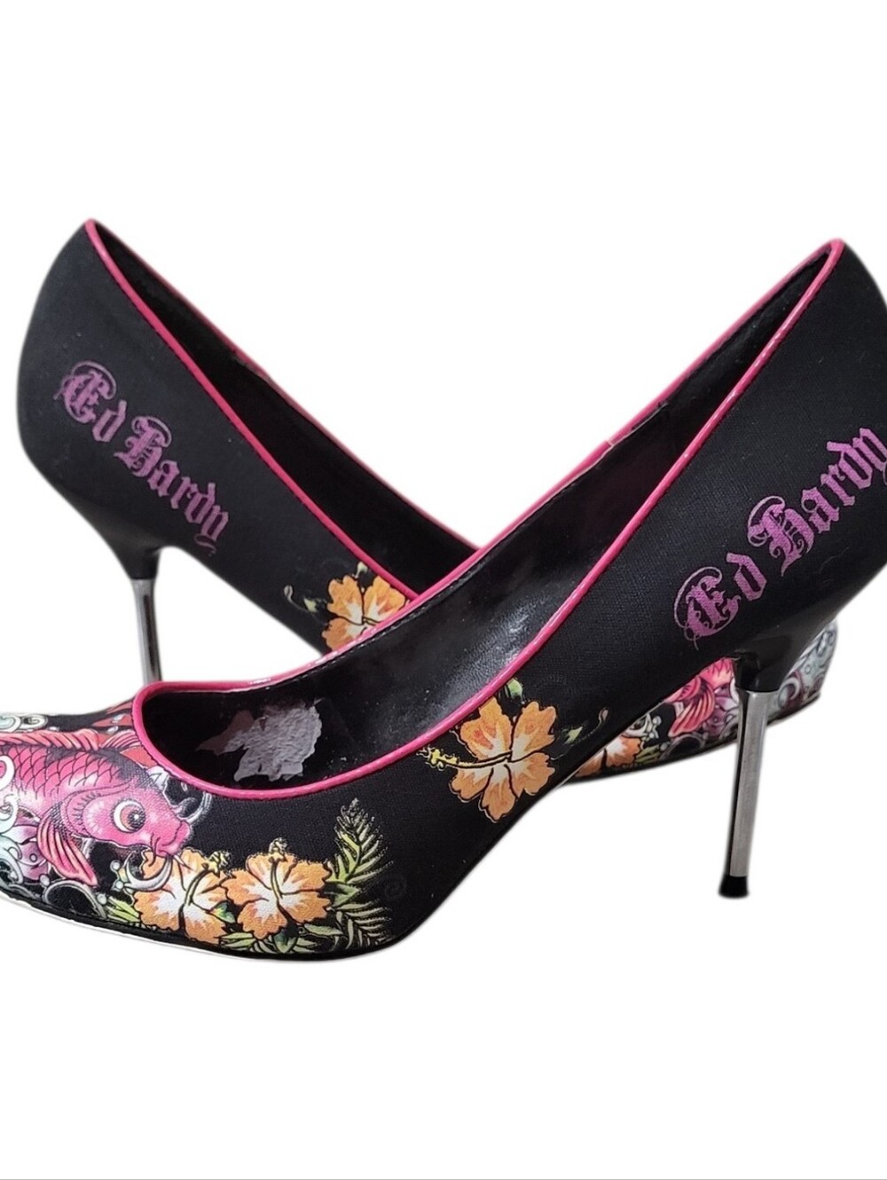 Ed Hardy Black Pink Koi Floral Stiletto Heels
